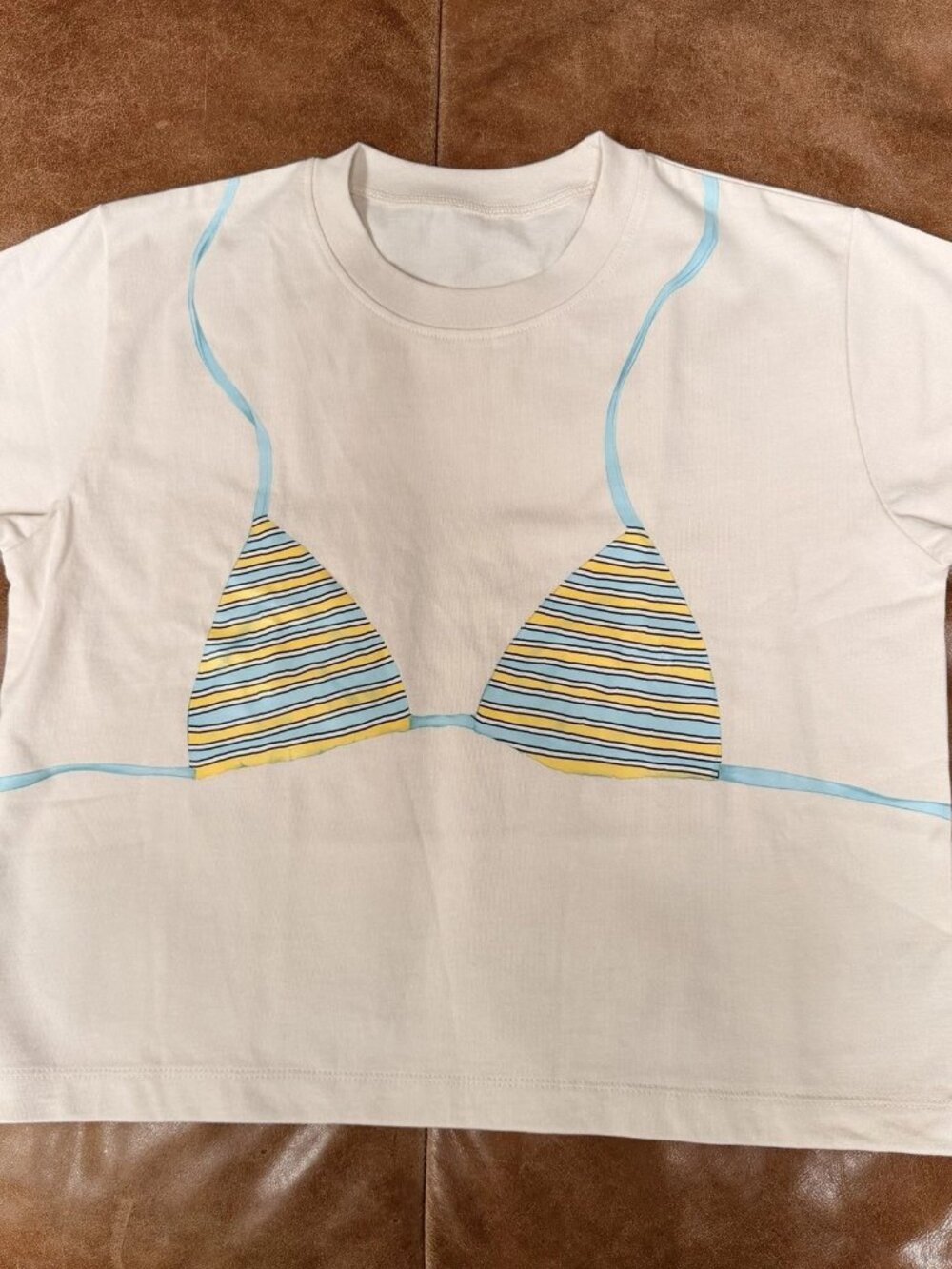 Daily Drills x Beach Week Bikini Boxy Tee XS/S Cream Blue Yellow Graphic